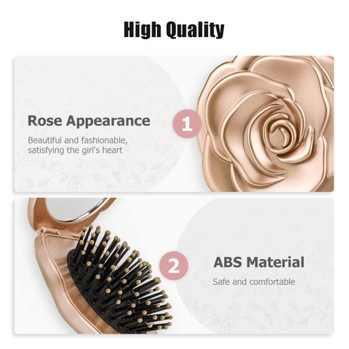 Folding Hair Brush, Mini Pocket Travel Mirror Brush Easy to Carry for Small Spaces Nylon Brush/Comb/HairBrush for Women Men's Any Hairstyles Hair and Beards Wet Dry Hair Restore Shine, Champagne