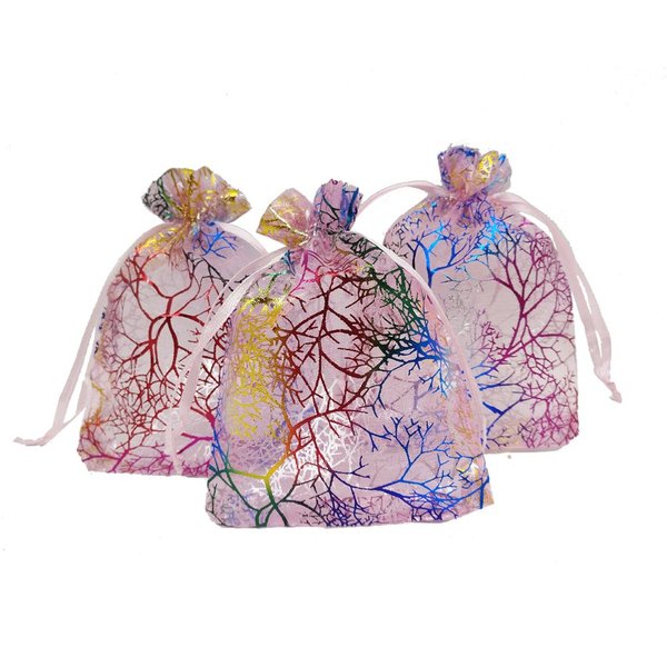 Ankirol 100pcs Sheer Organza Favor Bags For Wedding Baby Shower Rattan Print Gift Bags Samples Display Drawstring Pouches (3x4 inch, coral pink)