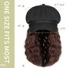 Qlenkay Newsboy Cap with Bob Hair Extensions Black Hat Wig 8 Panel Visor Beret Attached Synthetic 14'' Short Curly Wavy Hairpiece for Woman Medium Brown
