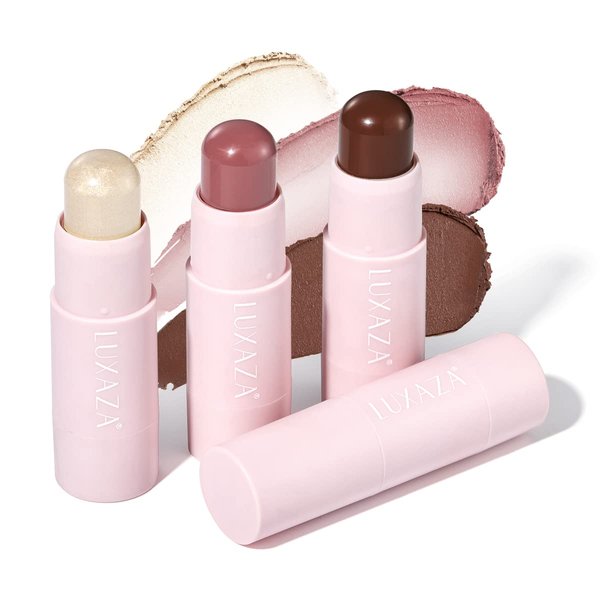LUXAZA 3PCS Cream [Blush] + Highlighter + Bronzer / [Contour] [Stick], Complete Face Make up Kit Trio Wand, Lightweight Dewy Finish for Girls and Women, Highlight ( Pearl ) #01 + [Contour] ( [Matte] ) #01 + [Blush] ( [Matte] ) #04