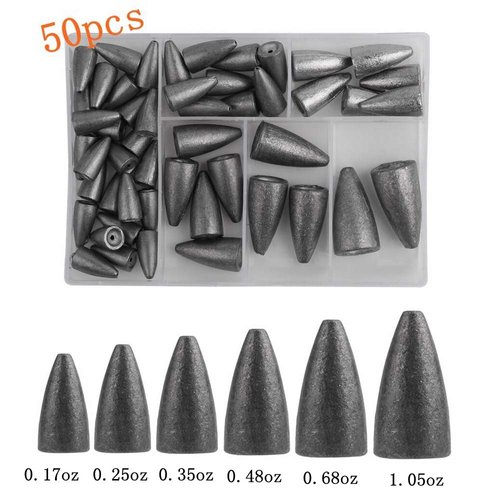 50Pcs Fishing Sinkers Weights Kit Worm Fishing Sinker Weight Bullet Lead Sinkers Fishing Set