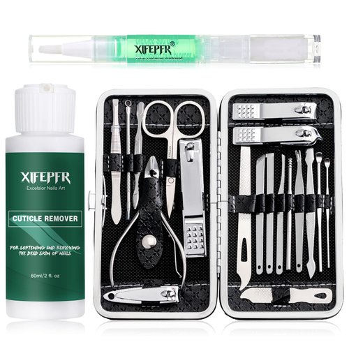 XIFEPFR Manicure Set - Cuticle Remover Cream, 19Pcs Nail Clipper Pedicure Kit, Professional Grooming Kit with Black Luxurious Travel Case, Stainless Steel Nail Kit for Men Women, Gifts for Women