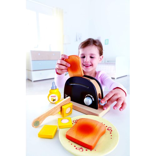 Hape Wooden Black Pop up Toaster Set| Pretend Play Kitchen Playset with Toast, Butter and Honey for Preschoolers Ages 3 Years and Up