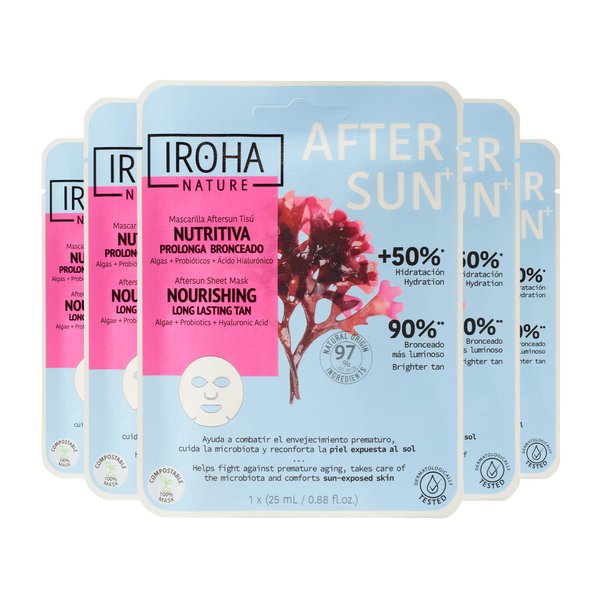 IROHA NATURE After Sun Skin Care Mask, Prolongs Tan & Hydrates (Pack of 5) - Facial Mask with Probiotics, Inositol, Algae & Hyaluronic Acid, Reduces Wrinkles & Enhances Tan - Vegan Beauty & Self Care