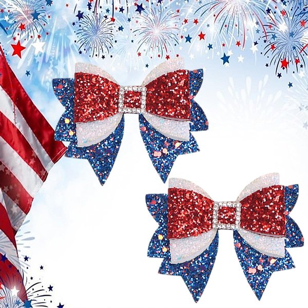 4th of July Patriotic Hair Bows Alligator Clip Girls Glitter Sparkly Red Hair Clips White Blue Sequin Barrettes Hairpins Kids Independence Day Party Outfit Decor Accessories Gift for Girls 2 PCS