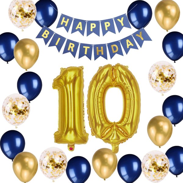 10th Birthday Decorations for Boys, Birthday Banner Number 10 Balloons Metallic Navy Blue Gold Confetti Latex Balloon for Boys Him Son Double Digits 10 Years Old Birthday Supplies (10th)