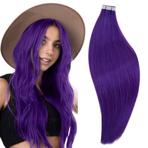 RUNATURE Tape ins Extensions Real Human Hair Purple 16 Inch Silky Tape in Colored Hair Extensions Human Hair Straight for Women Glue in Remy Hair Extensions Purple Colored Silky 25g 10pcs