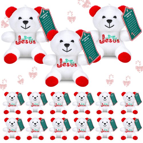 Haull 18 Pcs Christmas Jesus Bear Plush Bears with Candy Cards Meaning of The Candy Cane Stuffed Bears 4" Mini Christmas Stuffed Bear Bulk Soft Religious Plush Animal Toy Gift for Christmas Favors