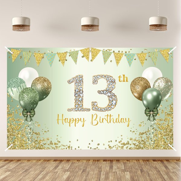 Tintisfafa 13th Birthday Decorations for Girls Boys, Sage Green Happy 13th Birthday Banner Backdrop 13 Years Old Birthday Signs, Light Green 13 Party Decorations for her, 13 Birthday Party Supplies
