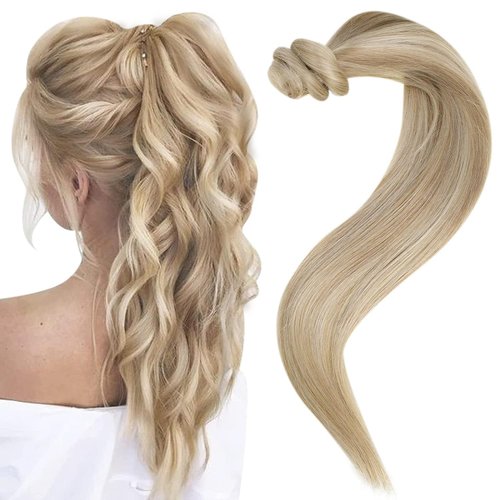 Easyouth Blonde Ponytail Extension Human Hair Pony Tails Hair Extensions Golden Blonde Highlighted Honey Blonde Wrap Around Ponytail Human Hair Ponytail Extension 12Inch 70g