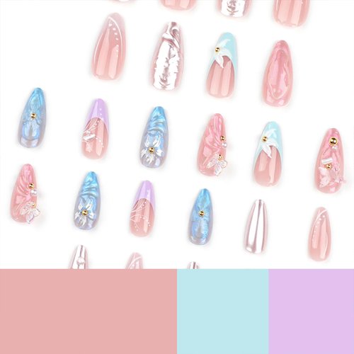 Tyuimhx 3D Waves Press on Nails Medium Almond Fake Nails French Tip False Nails With 3D Butterfly Flowers Pearls Designs Full Cover Stick on Nails Acrylic Artificial Nails for Women Girls 24Pcs