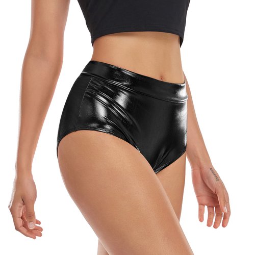 Kepblom Metallic High Waisted Booty Shorts Women's Shiny Cheeky Dance Festival Rave Bottoms (Black,S)