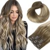 HOTBANANA Human Hair Clip in Hair Extensions, Ombre Walnut Brown to Ash Brown and Bleach Blonde 120g Clip in Hair Extensions Real Human Hair Straight Remy Hair Clip Ins 18 Inch 7pcs