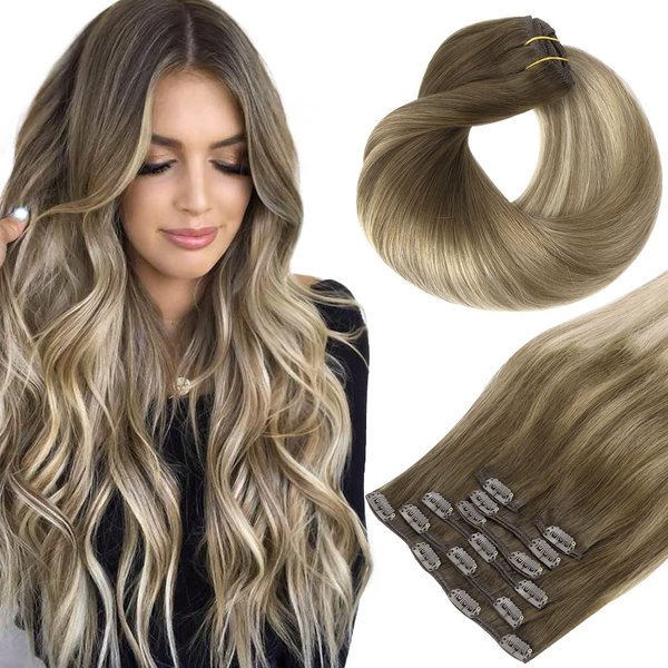 HOTBANANA Human Hair Clip in Hair Extensions, Ombre Walnut Brown to Ash Brown and Bleach Blonde 120g Clip in Hair Extensions Real Human Hair Straight Remy Hair Clip Ins 18 Inch 7pcs