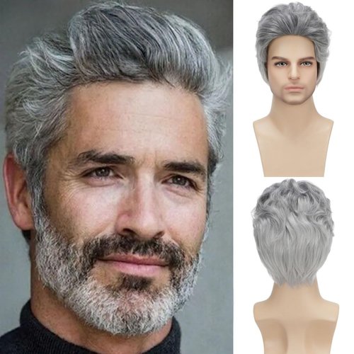 Daiaces Mens Grey Wig Short Curly Wig Layered Natural Synthetic Men's Wig Party Cosplay Wig Mens Halloween Costumes Wig