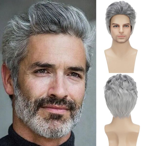 Daiaces Mens Grey Wig Short Curly Wig Layered Natural Synthetic Men's Wig Party Cosplay Wig Mens Halloween Costumes Wig