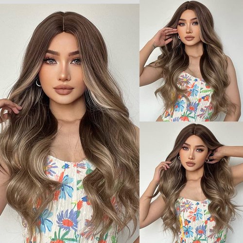 VKheroKV WL-05 Women's Wavy Wig Long Length Synthetic Heat Resistant Nature Curly Wigs Dark Brown With High Light Cool Fancy Color For Party Daily (WL-05/6)