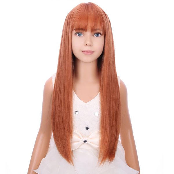 PATTNIUM Kids Auburn Wig with Bangs Child Long Straight Orange Wig Girls Ginger Long Synthetic Wig with Wig Cap