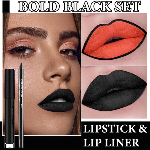 WENJLYJ 2PCS Black Liquid Lipstick & Lip Liner Set,Matte Lipstick for Women,Waterproof Long Lasting Non-Stick Cup Black Lip Gloss Set,Black Lip Liner Lipgloss Set for Cosplay Goth Halloween Makeup