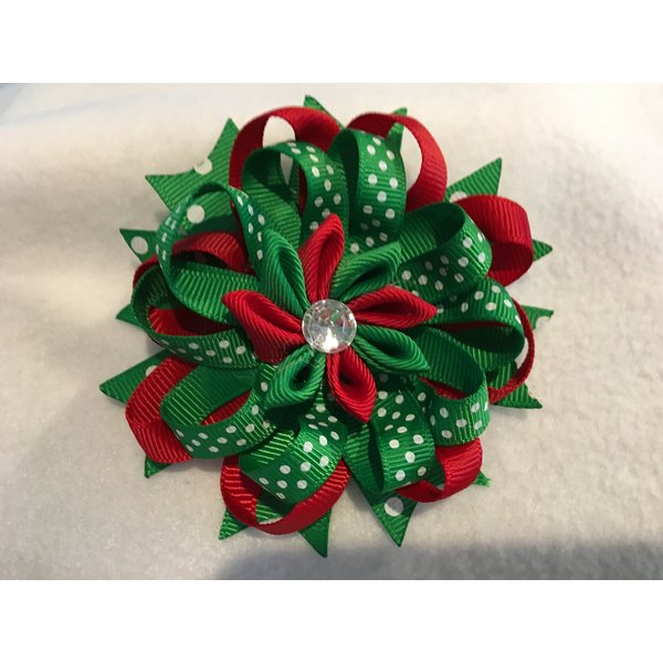 Grosgrain Ribbon Hair Bow, Stacked Hair Bow, Flower Hair Bow, Red and Green Hair Bow, Kanzashi, Polka Dot