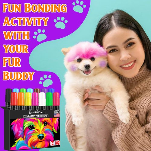 Jim&Gloria Washable Pet Hair Dye with Stencils, Temporary Fur Color Chalk Painting Pens, Party Gift Grooming Boy Girl Dog Accessories Kit, Farm Animal Marking Paint for Cattle Horses – 14 Markers