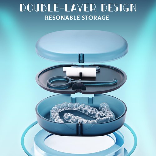 New Double-layer Retainer Storage Case with Belt Chewing,Removal Tool,Cleaning Brush,Built in Mirror Orthodontic Retainer Case,Mouth Guard Case,Denture Case
