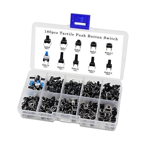 OCR 180Pcs Tactile Push Button Switch 10 Values 6x6mm Micro Momentary Tact Button Switches Assortment Kit
