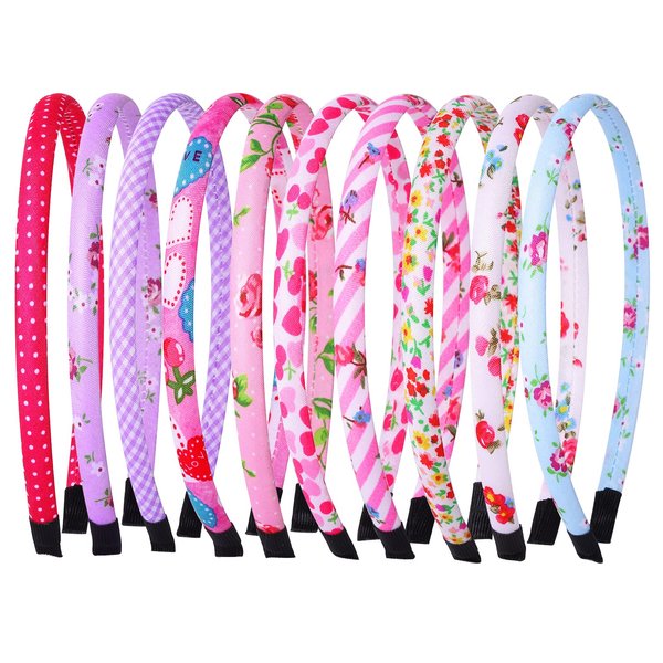 Fishdown 10 Pcs Plain Fabric Headbands for Girls Thin Hair bands for Kids Toddler Plastic Headbands with Cloth Headbands Covered with Printed Cotton Fabric for Teen Girls Women