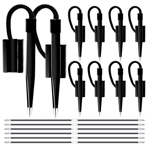 Performore 12 Pack of 5 inch Secure Counter Pens, Black with Plastic Secure Cord Attached To Adhesive Back Base Pen Holder, Reception Pen Includes 12 Refills for Home Workplace School Office