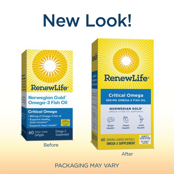 Renew Life Norwegian Gold Critical Omega, Omega-3 Fish Oil, 60 Burp-Free Softgels (Pack May Vary)