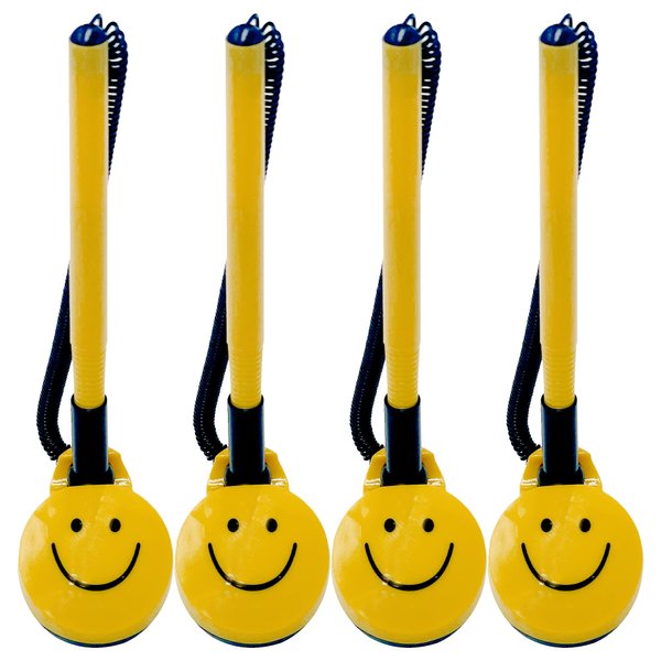 Performore 4 Pack of Secure Counter Pens with Plastic Secure Cord Attached to Adhesive Back Base Pen Holder with Smiley Face Design for Home Workplace School Office