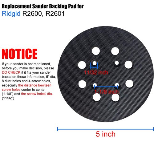 5" Hook and Loop Sander Pad for Ridgid R2600, R2601 Random Orbit Sanders -5 Inch 8 Hole Replacement Sanding Pad for Part Number 300527002 - with Extra Hard Backing - 1 Pack