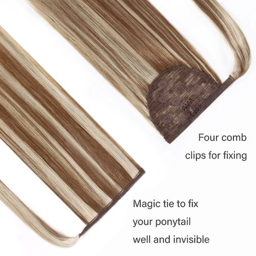 Ponytail Extension Human Hair 100% Real Remy Human Hair Wrap Around Ponytail Long Straight Ponytail Hairpiece Pony Tails Hair Extensions (14inch, P10/613(Dark Brown and Bleach Blonde))