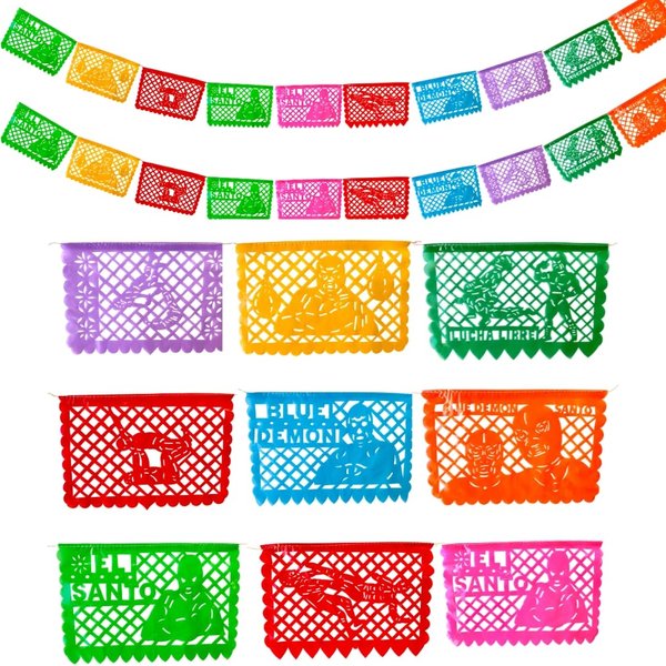 30 Ft Papel Picado Mexicano Banners, Lucha Libre Fiesta Decorations, Mexican theme Party Decorations, Luchador Party Supplies, 20 Flags of Papel Picado Plastico Nacho Libre Holiday Party Decorations