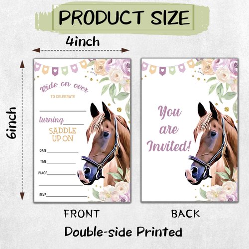 Floral Saddle Up Style Fill-In Birthday Invites(4"x6"), Horse Birthday Invitations with Envelopes(20-Pack), Birthday Party Supplies for Boys & Girls, Teen, Kids-A09