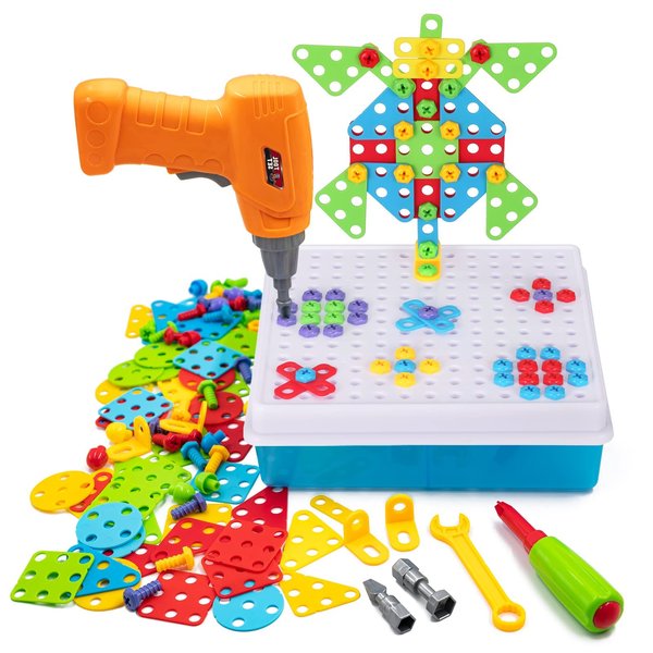 SUPSTEM Creative Toys for Kids 4-8, Mosaic Drill Set with Screwdriver Tool Playset, Electric Drill Toy with Rainbow Fasteners, Premium STEM Building Set for Ages 3+