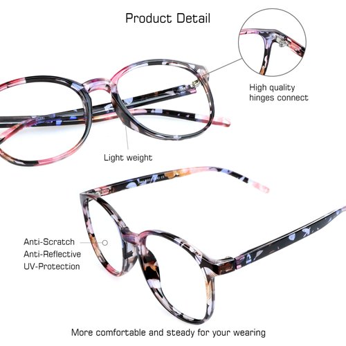 VisionGlobal Blue Light Blocking Glasses for Women/Men, Anti Eyestrain, Stylish Oval Frame, Anti Glare (Floral, 5.00 Magnification)