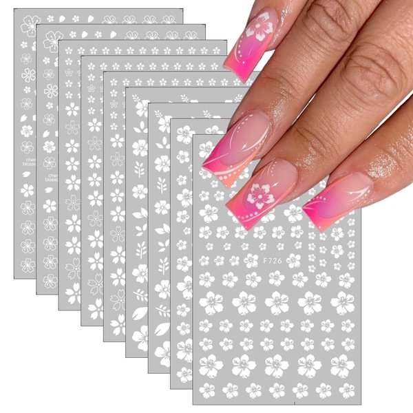 8Sheets Flower Nail Stickers,White Cherry Blossoms Nail Decals Self-Adhesive Leaves Flowers Nail Design with Design Spring Summer Floral Nail Art Stickers for Women Girls DIY Nail Art Decorations