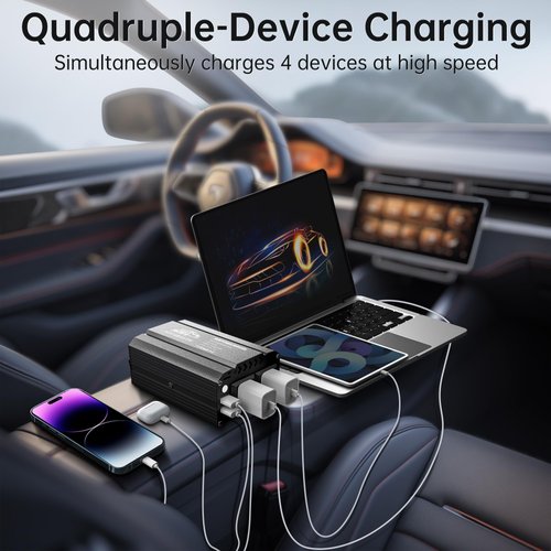 300W Power Inverter for Vehicles DC 12V to 110V AC Car Plug Adapter Outlet Converter with 4.8A Dual USB & USB-C Car Charger Adapter for Laptop - Black