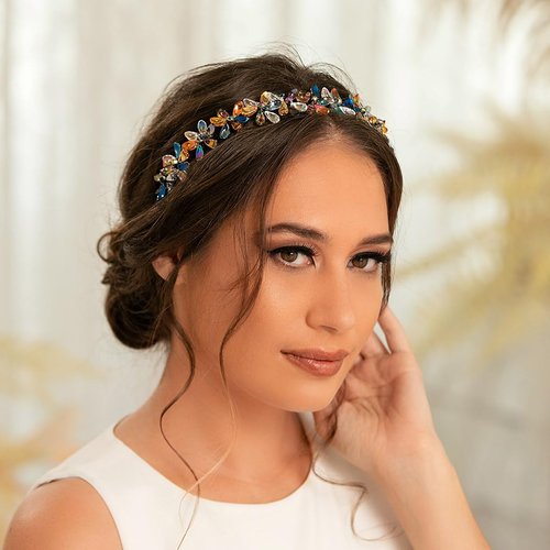 Formery Colorful Flower Headband Black AB Crystal Beads Hairband Party Prom Wedding Handmade Floral Crystals Hair Accessories for Women and Girls