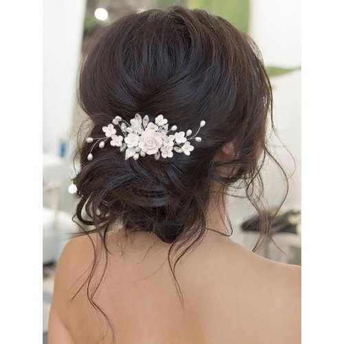 Kesvb Bride Wedding Hair Comb Silver Flower Hair Piece Rhinestone Bridal Side Combs Hair Accessories for Women and Girls
