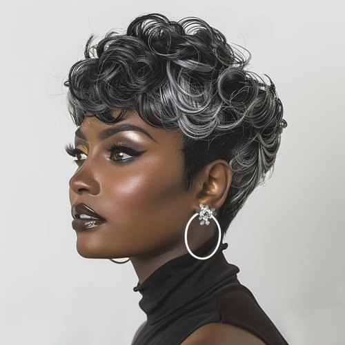 Pixie Cut Wig Short Curly Wigs for Black Women Black Mixed Grey Curly Wig with Bangs Afro Wigs for Black Women Natural Wavy Synthetic Wigs for Women (Black Mixed Grey)