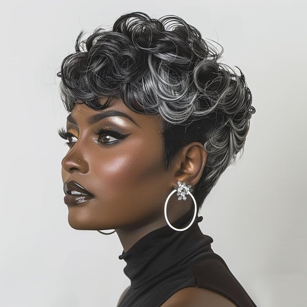 Pixie Cut Wig Short Curly Wigs for Black Women Black Mixed Grey Curly Wig with Bangs Afro Wigs for Black Women Natural Wavy Synthetic Wigs for Women (Black Mixed Grey)