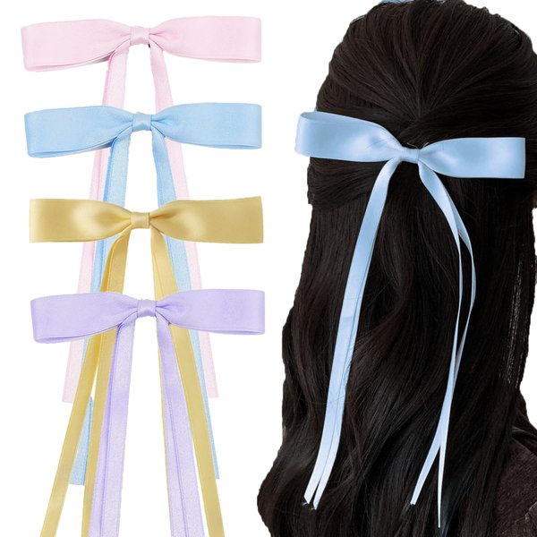 Telont 4PCS Ribbon Hair Bows for Women Long Tail Tassel Bow Clips Claw Barrettes Cute Hair Bow for Girls Teens Toddlers