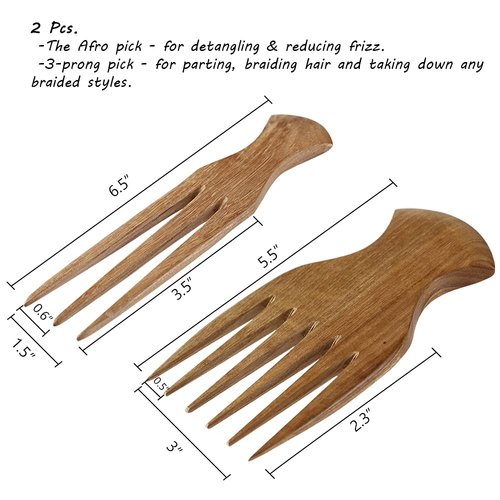 WOOD MASTER HUT Pick for hair Afro comb Parting comb Wooden hair comb 2 Pcs Anti Breakage 4 C Hair and Hair parting tool Wide tooth wooden comb Curly hair pick Afropick Medium