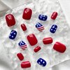 Short Fake Nails 4th of July Press on Nails Independence Day False Nails with American Flag Design Red White Blue Acrylic Nails Full Cover Glossy Stick on Nails Star Line Glue on Nails for Women Girls