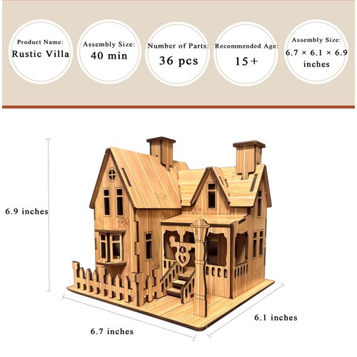 MPIUET 3D Wooden Puzzles for Adults Wooden House Rustic Villa Model Kits for Adults, 3D Jiasaw Puzzles, 6.7" × 6.1" × 6.9", 3D Brain Teaser Puzzles, Log Cabin DIY