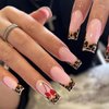 24 Pcs Pink Press on Nails Long Square - Leopard Print French Fake Nails Long Coffin False Nails Press ons Full Cover Nail Tips with Cherry Designs Acrylic Nail Kit Art for Women Manicure