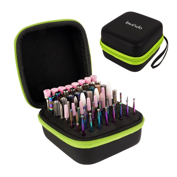Lavinda Nail Drill Bits Holder, Dustproof Displayer Organizer Container, 64 Holes Nail Bits Container Box Case with High Density Foam to Avoid Slipping & Scratches (Drill Bits Not Included)
