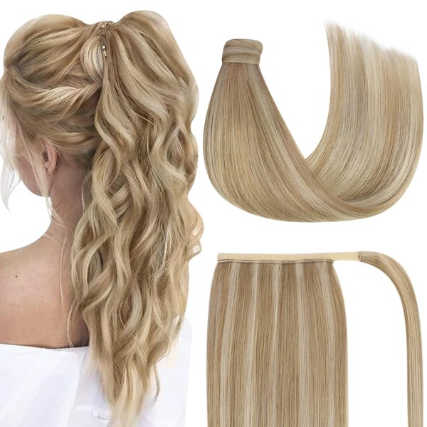 Ve Sunny Blonde Ponytail Extension Human Hair Long Ponytail Hair Extensions Dark Ash Blonde Highlights Golden Blonde Ponytail Extension Human Hair Wrap Around Hair Ponytail Extension 80g 22inch